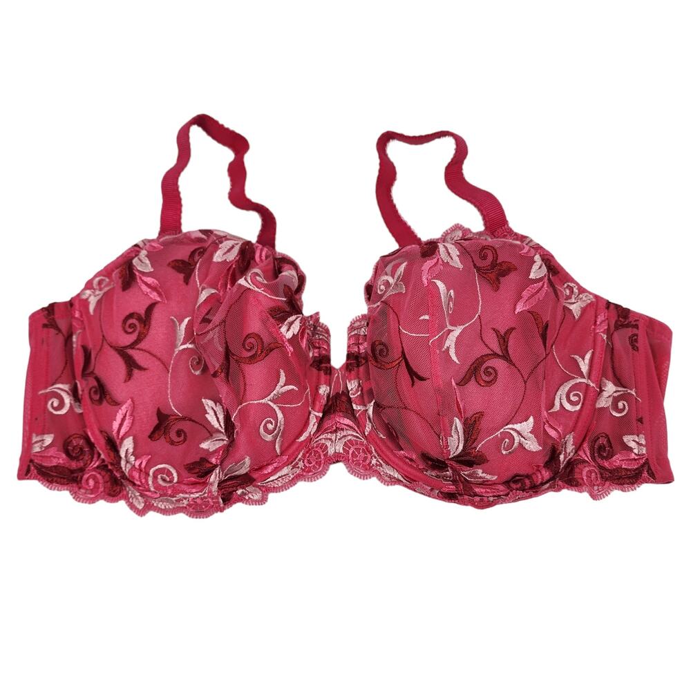 Soma Red Pink Floral Embroidered Underwire Full Coverage Balconette Bra Size 42D